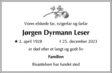 Dødsannoncen for Jørgen Dyrmann Leser - Frederiksberg