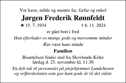 Dødsannoncen for Jørgen Frederik Rønnfeldt - Skovlunde