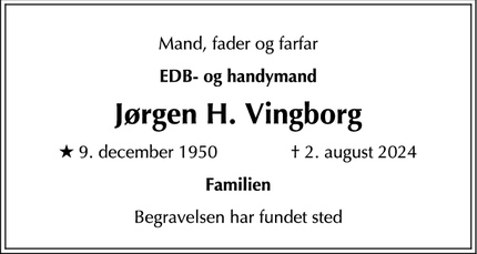 Dødsannoncen for Jørgen H. Vingborg - Skibby