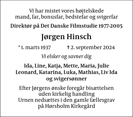 Dødsannoncen for Jørgen Hinsch - Rungsted