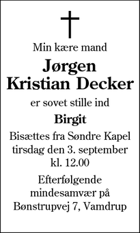 Dødsannoncen for Jørgen
Kristian Decker - Kolding