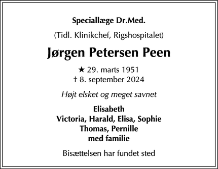 Dødsannoncen for Jørgen Petersen Peen - Skodsborg