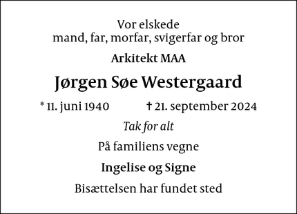 Dødsannoncen for Jørgen Søe Westergaard - Hvidovre