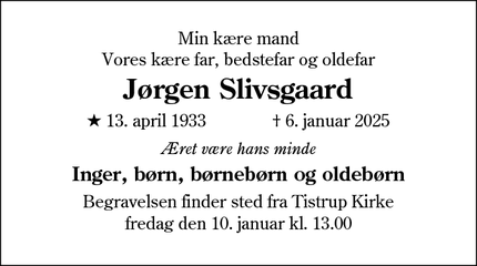 Dødsannoncen for Jørgen Slivsgaard - Esbjerg