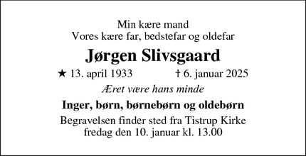 Dødsannoncen for Jørgen Slivsgaard - Esbjerg