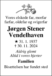 Dødsannoncen for Jørgen Stener
Vendelhaven - Helsingør