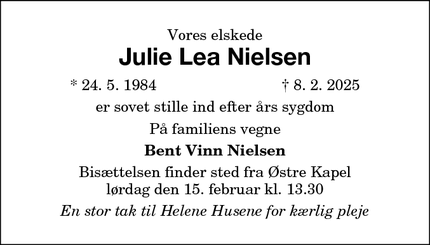 Dødsannoncen for Julie Lea Nielsen - Nykøbing F