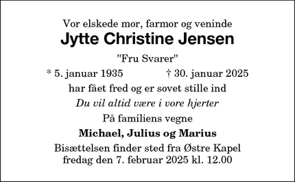 Dødsannoncen for Jytte Christine Jensen  - Roskilde