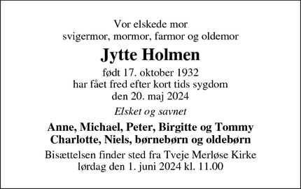 Dødsannoncen for Jytte Holmen - Vanløse
