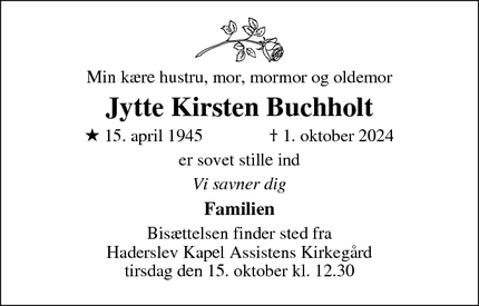 Dødsannoncen for Jytte Kirsten Buchholt - Egtved