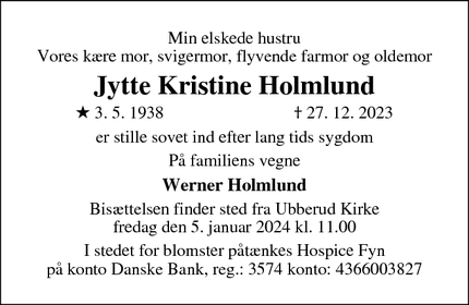 Dødsannoncen for Jytte Kristine Holmlund - Odense