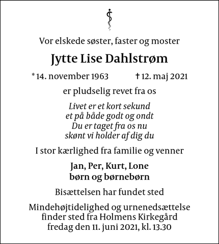 Dødsannoncen for Jytte Lise Dahlstrøm - København Ø