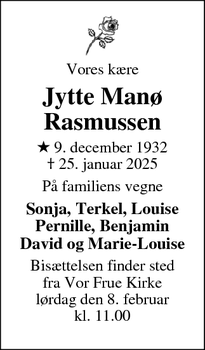 Dødsannoncen for Jytte Manø
Rasmussen - Odense