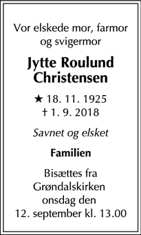 Dødsannoncen for Jytte Roulund Christensen - Hornbæk