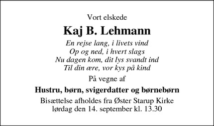 Dødsannoncen for Kaj B. Lehmann - Ågård