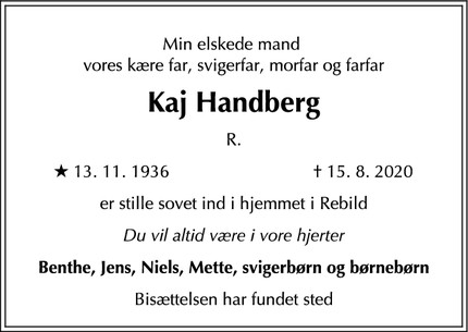 Dødsannoncen for Kaj Handberg - Rebild