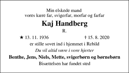 Dødsannoncen for Kaj Handberg - Rebild