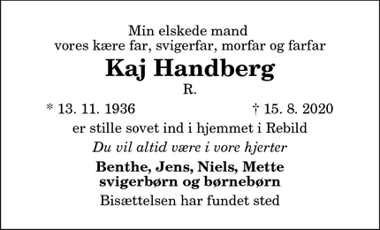 Dødsannoncen for Kaj Handberg - Rebild