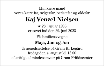 Dødsannoncen for Kaj Venzel Nielsen - Gram