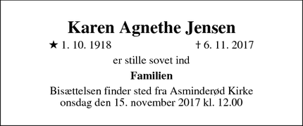 Dødsannoncen for Karen Agnethe Jensen - Fredensborg