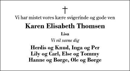 Dødsannoncen for Karen Elisabeth Thomsen - Herning