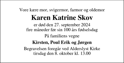 Dødsannoncen for Karen Katrine Skov - Odder