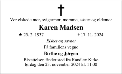 Dødsannoncen for Karen Madsen - Odder