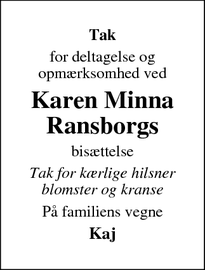 Taksigelsen for Karen Minna Ransborgs - Vinderup