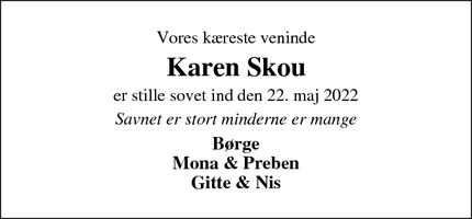 Dødsannoncen for Karen Skou - Roslev