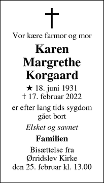 Dødsannoncen for Karen
Margrethe
Korgaard - Hovedgård