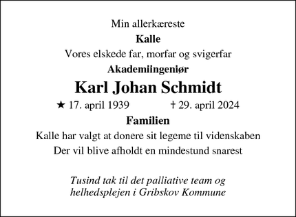 Dødsannoncen for Karl Johan Schmidt - Gilleleje