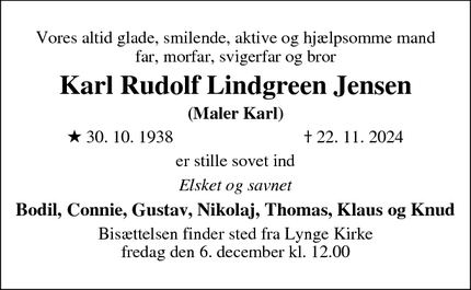 Dødsannoncen for Karl Rudolf Lindgreen Jensen - Farum