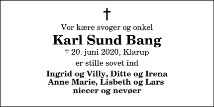 Dødsannoncen for Karl Sund Bang - Klarup