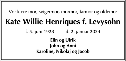 Dødsannoncen for Kate Willie Henriques f. Levysohn - Fredensborg