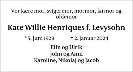 Dødsannoncen for Kate Willie Henriques f. Levysohn - Fredensborg