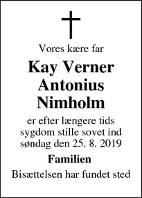 Dødsannoncen for Kay Verner
Antonius
Nimholm - Ishøj