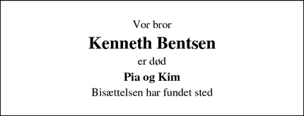 Dødsannoncen for Kenneth Bentsen - Brøndby