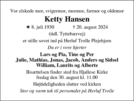 Dødsannoncen for Ketty Hansen - Odense