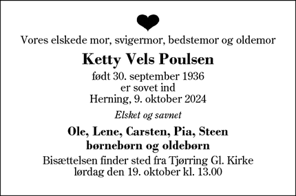 Dødsannoncen for Ketty Vels Poulsen - Herning