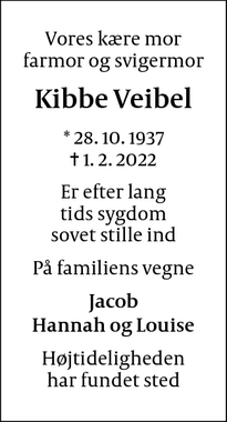 Dødsannoncen for Kibbe Veibel - Humlebæk 