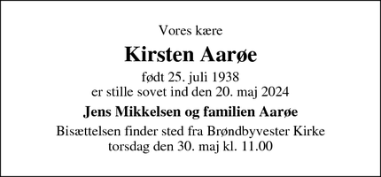 Dødsannoncen for Kirsten Aarøe - Greve