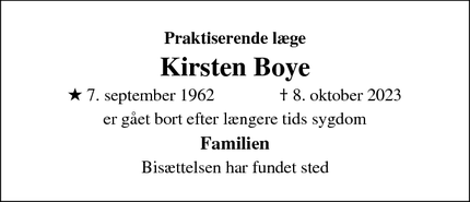 Dødsannoncen for Kirsten Boye - Glostrup