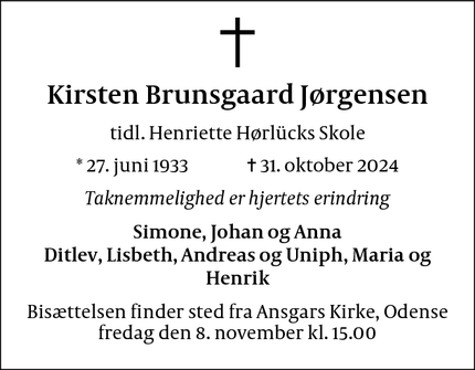 Dødsannoncen for Kirsten Brunsgaard Jørgensen - Odense