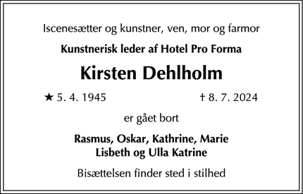 Dødsannoncen for Kirsten Dehlholm - København NV