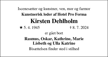 Dødsannoncen for Kirsten Dehlholm - København NV