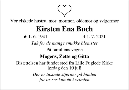 Dødsannoncen for Kirsten Ena Buch - Jerslev Sj.