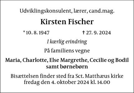 Dødsannoncen for Kirsten Fischer - København