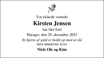 Dødsannoncen for Kirsten Jensen - Aars