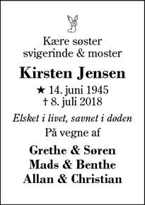 Dødsannoncen for Kirsten Jensen - Herning