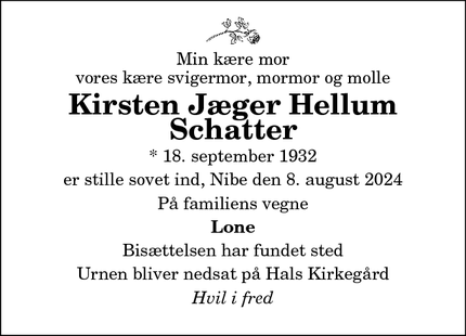 Dødsannoncen for Kirsten Jæger Hellum Schatter - Nibe